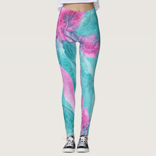 Turkos Rosa Abstrakt Hawaiianska Blommor Leggings (Framsida)