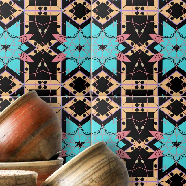Turkos Rosa Black Mosaic Geometric Mönster Kakelplatta (Skapare uppladdad)