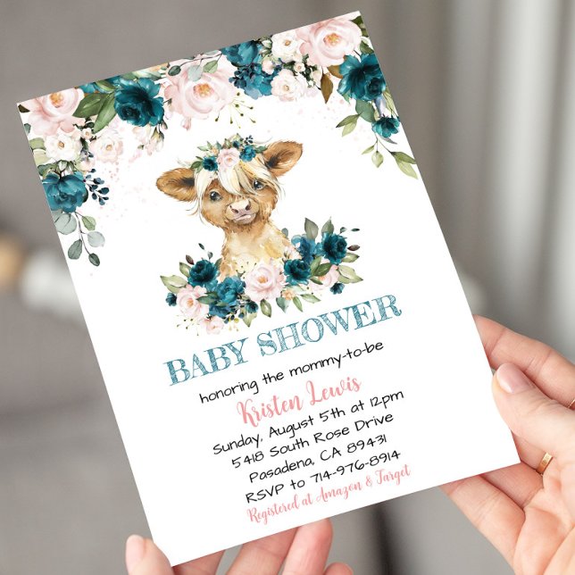 Turkos & Rosa Blommigt Highland Cow Baby Shower Inbjudningar (Skapare uppladdad)