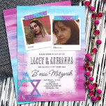 Turkos, Rosa, Blue Glitter B'nai Bat mitzvah Inbjudningar<br><div class="desc">Colorful B'nai Mitzvah-inbjudan med turkos, akva, rosa och lila glitter-grafik. Cute Square-foton med stjärnan av David-teckningar på färgfull struktur-bakgrund är ett festligt utseende för dubblan bat mitzvah firande. Fotobildtexter kan ändras till valfri ordalydelse. Ladda enkelt upp dina foton i foto ramar. Glitter band ge den här tjejen är b'nai mitzvah...</div>