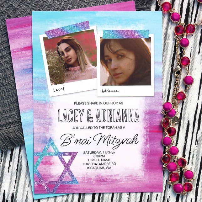 Turkos, Rosa, Blue Glitter B'nai Bat mitzvah Inbjudningar (Colorful b'nai bat mitzvah for 2 girls, pink turquoise blue, cute photo invitations, glitter stars)