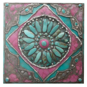 Turkos & Rosa Boho Mosaik Mandala Konstverk Kakelplatta