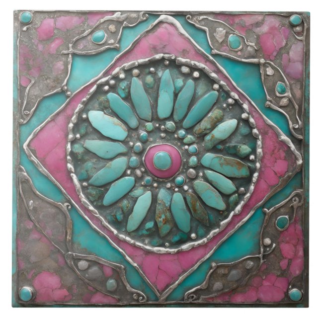 Turkos & Rosa Boho Mosaik Mandala Konstverk Kakelplatta (Framsidan)