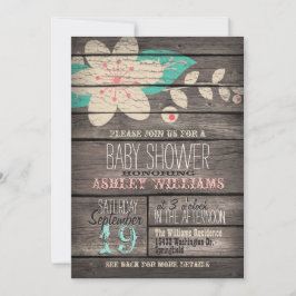 Turkos & Rosa Flower, Rustic Wood Baby Shower Inbjudningar