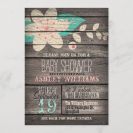 Turkos & Rosa Flower, Rustic Wood Baby Shower Inbjudningar