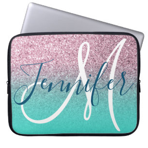 Turkos Rosa Glitter Ombre Feminint Monogram Laptop Fodral