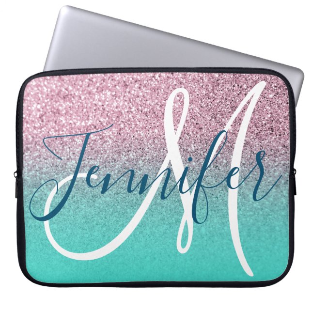 Turkos Rosa Glitter Ombre Feminint Monogram Laptop Fodral (Framsidan)