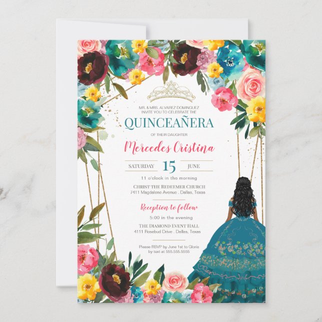 Turkos Rosa Gult Fiesta Blommigt quinceanera in Inbjudningar (Framsida)