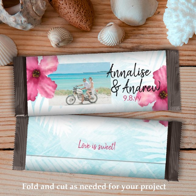 Turkos Rosa Hibiscus Bröllop Candy Pub Wrapper (pink hibiscus tropical wedding candy chocolate bar personalized wrapper budget diy alternative candy)