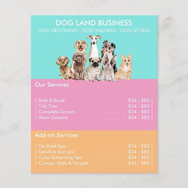 Turkos Rosa Prislista för hundvård Flygblad (Framsidan)