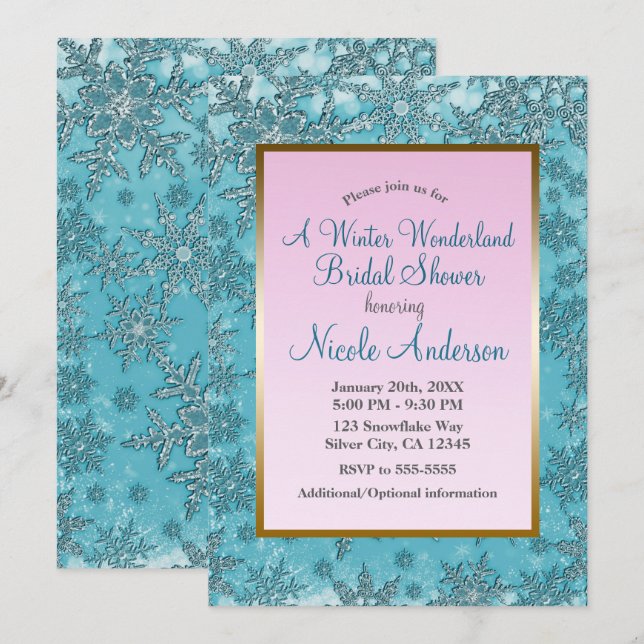 Turkos Rosa Snöflingor Vinter Bröllopsdusch Inbjudningar (Fram/baksida)