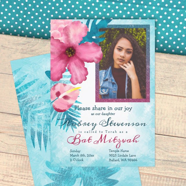 Turkos, Rosa Tropical Flowers Bat mitzvah Inbjudningar (tropical teal and pink bat mitzvah invitation, hibiscus flower, 12th birthday party invitation)