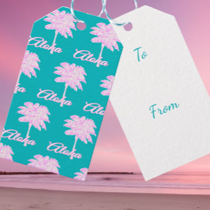 Turkos Rosa Vit Palm Aloha Tropisk Presentetikett