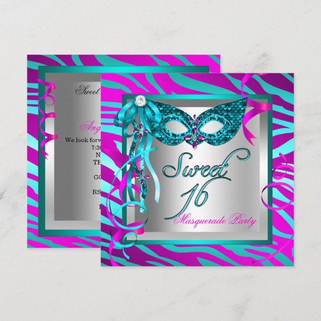 Turkos Rosa Zebra Maskerad Sweet 16 Sexton Inbjudningar (Fram/baksida)