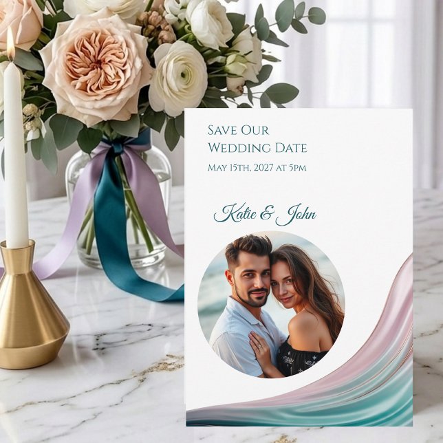 Turkos & Rosé Siden Spara Datum Bröllopskort med F Datumet (Teal & Blush Silk Wedding Save the Date with Photo )