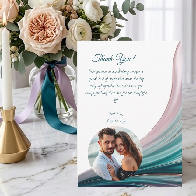 Turkos & Rosé Siden Tacksamhetskort för Bröllop Inbjudningar (Teal & Blush Silk Wedding Thank You Card)