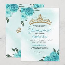 Turkos Rosor Guldtiara Quinceañera Födelsedag  Inbjudningar