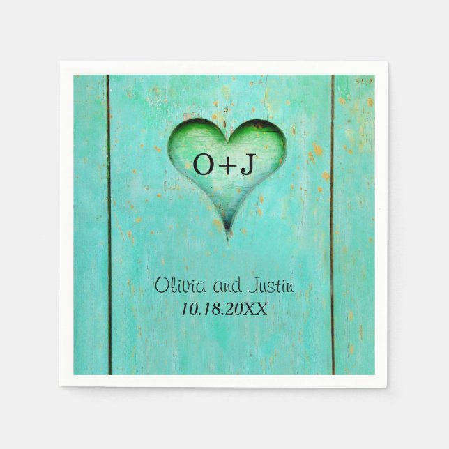 Turkos Rustik Trä Monogram Hjarta Pappersservett (Framsidan)