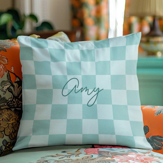 Turkos rutigt monoline-namn kudde (Teal Checkers Monoline Name Throw Pillow)