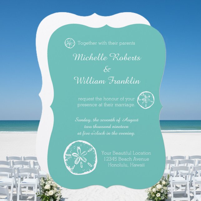 Turkos sanddollar strand bröllopsinbjudningar inbjudningar (turquoise blue beach wedding invitations with sand dollar design)