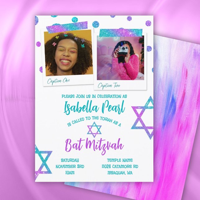 Turkos, Shock rosa Polka dots Bat mitzvah Inbjudningar (pink glitter bat mitzvah invitation with polka dots and star of david, cute photo collage turquoise)
