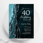 Turkos Silver Agat 40-årsdag Inbjudningar<br><div class="desc">Turkos och silver agat 40-årsdag inbjudan. Elegant modern design med turkos blå akvatint agat marmorerad geod bakgrund,  falskt glitter silver och typsnittsmanus. Trendig inbjudningskort perfekt för en stilfull kvinnas födelsedagsfirande. Tryckta Zazzle-inbjudningar eller direkt nedladdningsbar digital utskriftsmall.</div>