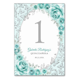 Turkos Silver Blommig Quinceanera Bordsnummer