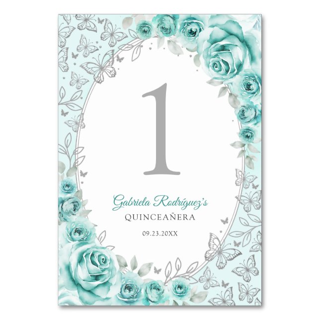 Turkos Silver Blommig Quinceanera Bordsnummer (Framsidan)