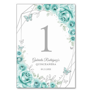 Turkos Silver Blommig Quinceanera Bordsnummer
