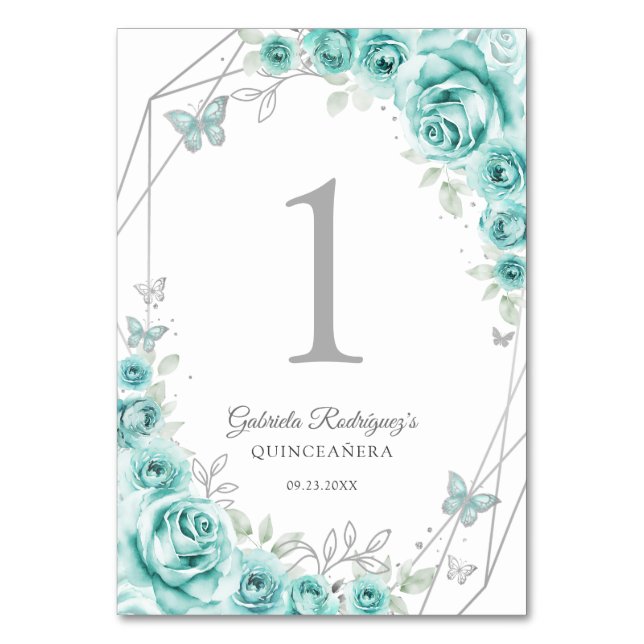Turkos Silver Blommig Quinceanera Bordsnummer (Framsidan)