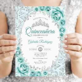 Turkos Silver Blommig Quinceanera Inbjudningar