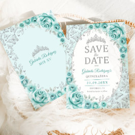 Turkos Silver Blommig Quinceanera Spara Datumet