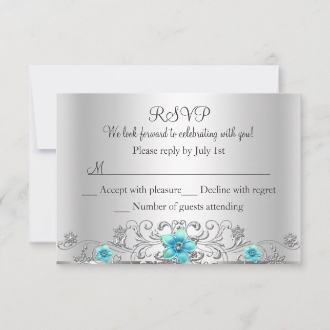 Turkos Silver Blommig Virvel RSVP OSA Kort (Framsida)