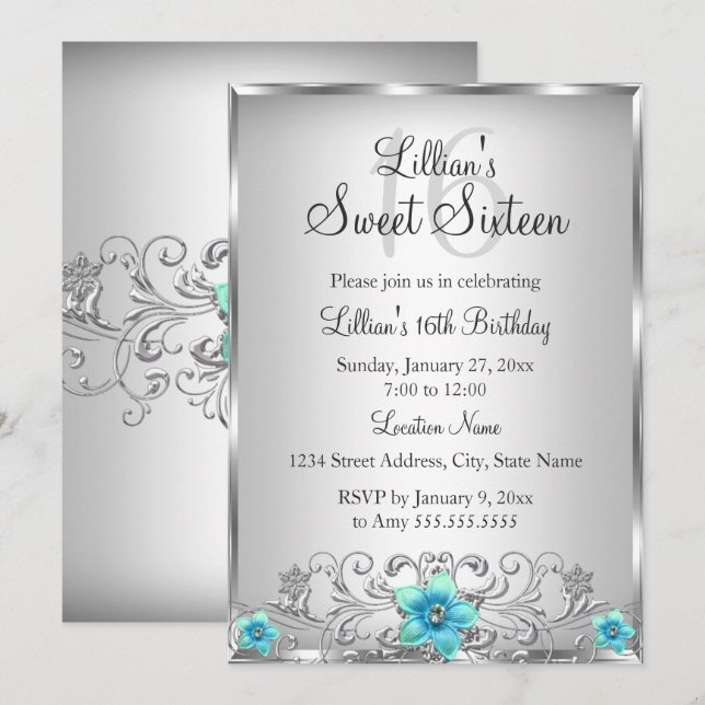 Turkos Silver Blommig Virvel Sweet 16 Inbjudan (Fram/baksida)