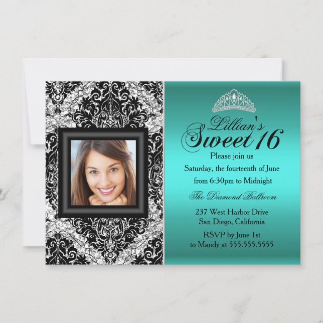 Turkos Silver Glitter Damask Foto Sweet 16 Inbjudningar (Framsida)