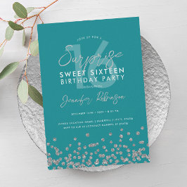 Turkos Silver Glitter Surprise Sweet 16 Inbjudningar