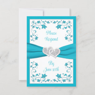 Turkos, Silver Kärlek Hearts Bröllop OSA Card 2 Inbjudningar