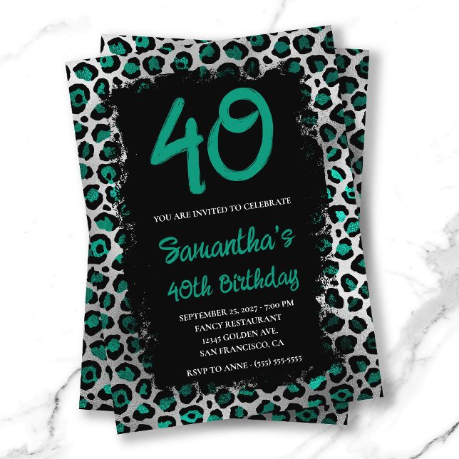 Turkos Silver Leopard Målad Svart 40-årsdag Inbjudningar (Teal Silver Leopard Painted Black 40th Birthday Invitation)