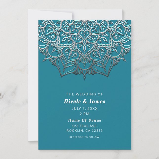 Turkos & Silver Mandala Elegant Minimal Bröllop Inbjudningar (Framsida)