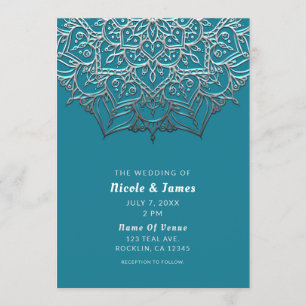 Turkos & Silver Mandala Elegant Minimal Bröllop Inbjudningar