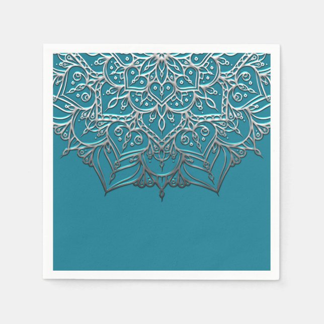 Turkos & Silver Mandala Elegant Minimal Bröllop Pappersservett (Framsidan)