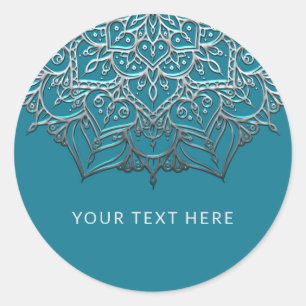 Turkos & Silver Mandala Elegant Minimal Bröllop Runt Klistermärke