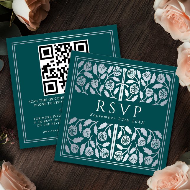 Turkos Silver Svärd Kunglig Bröllops RSVP QR Kod Tilläggskort (Skapare uppladdad)