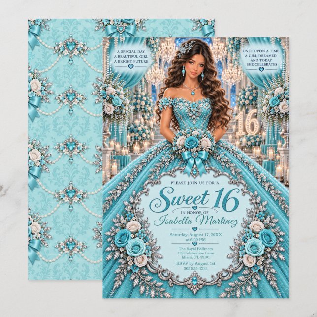 Turkos Silver Sweet 16-firande Inbjudningar (Fram/baksida)