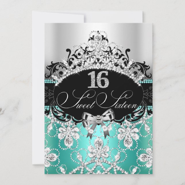 Turkos Silver Sweet 16 Glittertiara Födelsedagsinb Inbjudningar (Framsida)