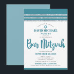 Turkos Silver Tallit Bar Mitzvah Djärv Enkel Moder Inbjudningar<br><div class="desc">Var stolt, gläd dig och visa upp denna milstolpe för din favorit Bar Mitzvah! Skicka ut denna coola, unika, moderna, personliga inbjudan till ett evenemang att minnas. Fet, dammig tealblå scripttypografi, Davids stjärna och en dammig tealblå och silverglittrig randig tallit-inspirerad grafisk överläggning på en enkel, vit bakgrund. Anpassa den anpassade...</div>