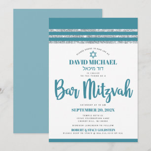 Turkos Silver Tallit Bar Mitzvah Djärv Enkel Moder Inbjudningar