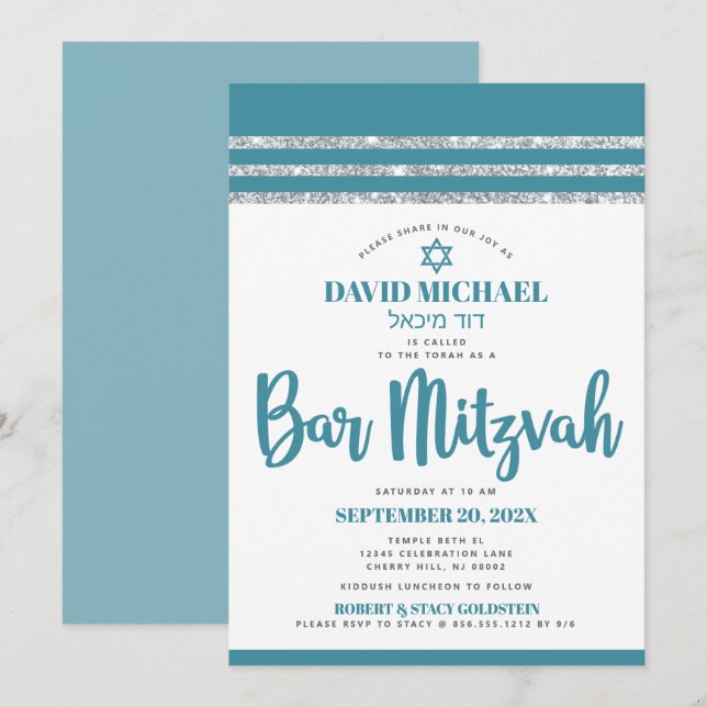 Turkos Silver Tallit Bar Mitzvah Djärv Enkel Moder Inbjudningar (Fram/baksida)