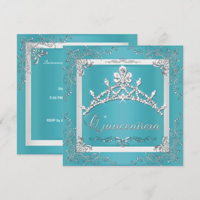 Turkos Silver Tiara Quinceanera 15-årsdag Inbjudningar (Fram/baksida)