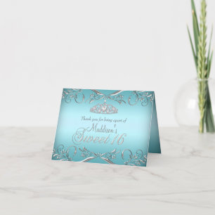 Turkos & Silver Tiara Sweet 16 Tacksamhetskort Tack Kort